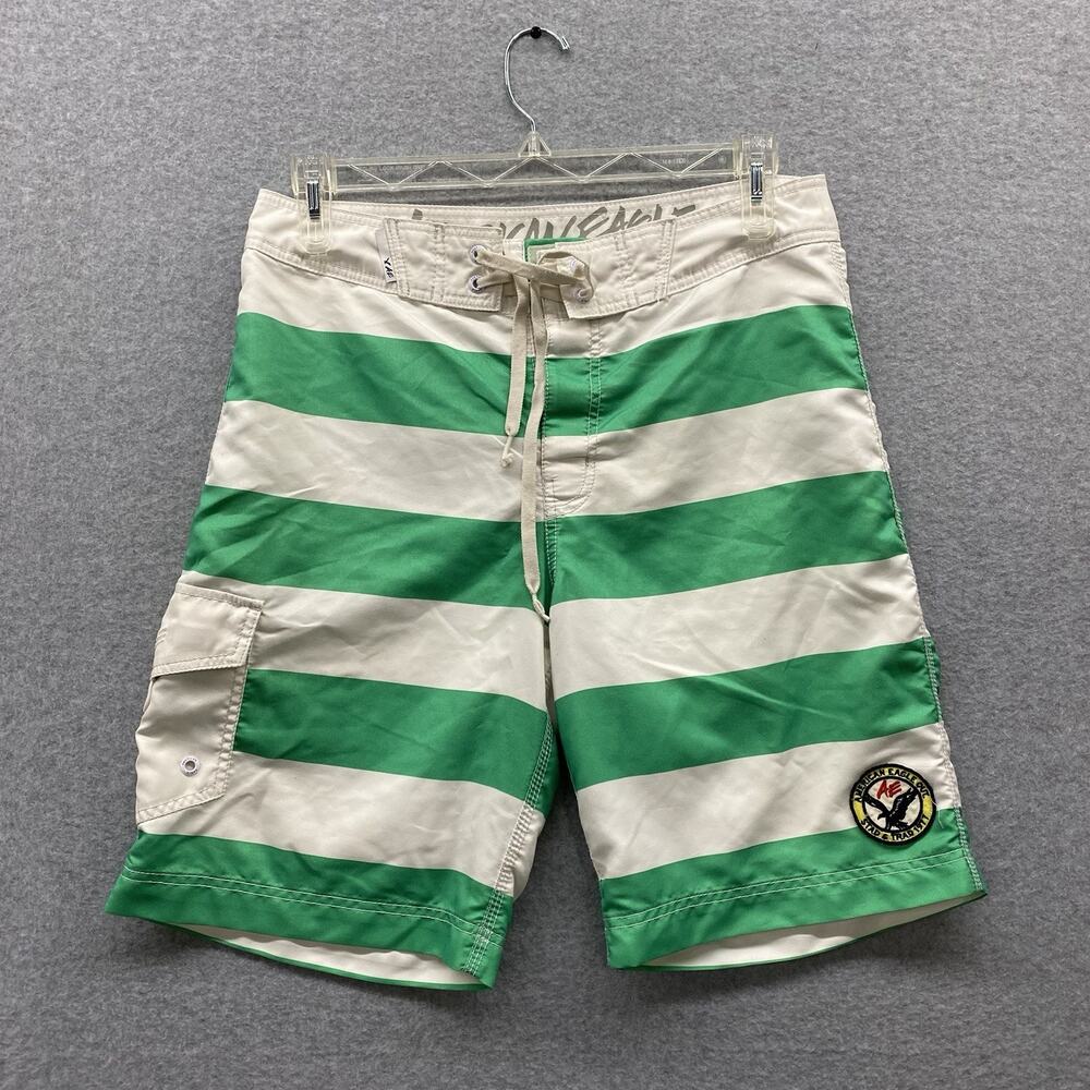 American Eagle Outfitters Green Patch Striped Board Shorts Swim Trunks Mens M